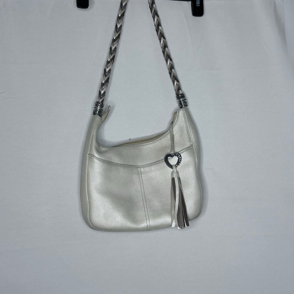 Brighton Ivory Leather Hobo Bag Braided Strap Heart Charm F391506